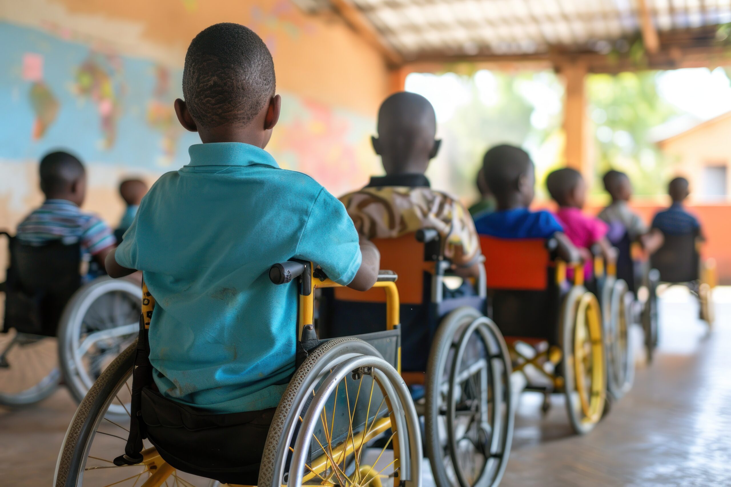 children disabled person in wheelchairs at school, inclusive education